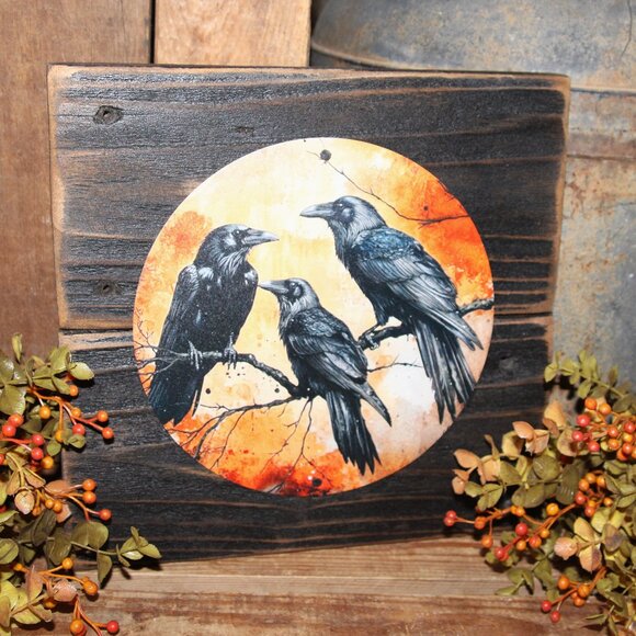 NEW Moody Black Raven Crow on Branch Autumn Fall Farmhouse Wall Decor - Picture 1 of 4